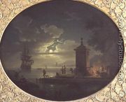 Night A Moonlit coastal landscape with Fisherfolk by a fire on a Quay, a Man of War beyond - Claude-joseph Vernet