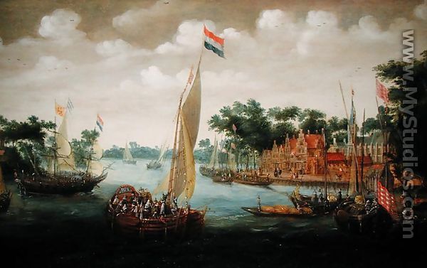 A Dutch States Yacht on a River Estuary - Abraham de Verver