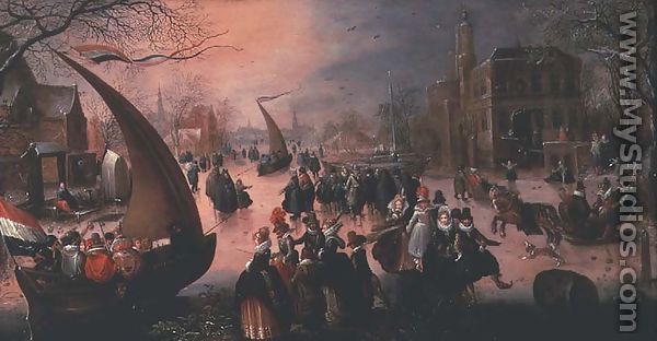 A village in winter with gentry ice-sailing - David Vinckboons