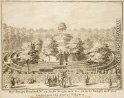 Topiary maze with four exits and a central mound, engraved by Johannes Van den Aveele d.1727 - Nicolaes the Elder Visscher