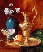 Still life of a gilt ewer, vase of flowers and a facon de Venise bowl - Antoine Vollon
