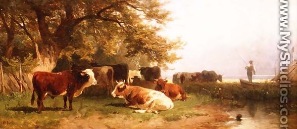 Cattle watering in a landscape - Friedrich Johann Voltz