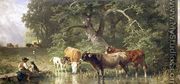 Cattle watering at a woodland pond, 1881 - Friedrich Johann Voltz