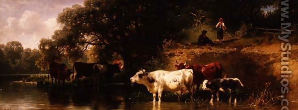 Cattle watering in a wooded landscape 2 - Friedrich Johann Voltz