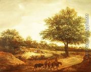 A wooded landscape with travellers on a path, a cottage beyond - Guillam de Vos