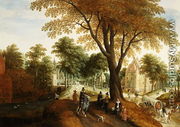 Elegant Horsemen and figures on a path in front of a chateau - Sebastien Vrancx