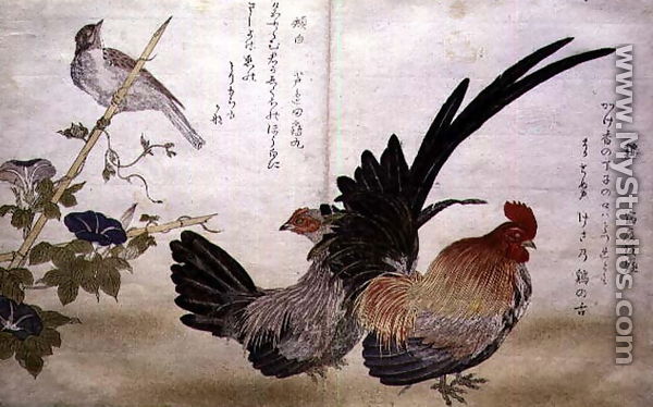 Cockerel and Hen on the right with a Bunting on the left, from an album Birds compared in Humorous Songs Momo Chidori Kyoka Awase, 1791 - Kitagawa Utamaro