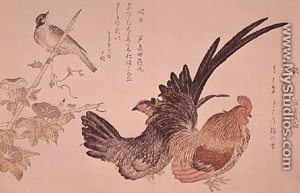 A domestic hen and cock and Japanese bunting on a bamboo shoot, c.1791 - Kitagawa Utamaro