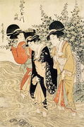 Three girls paddling in a river, from the Fashionable Six Jewelled Rivers, Yamashiro Province, pub. 1790, - Kitagawa Utamaro