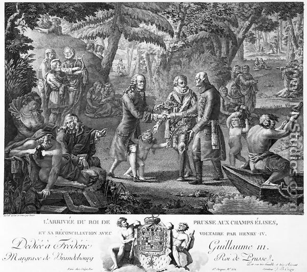 Henri IV 1553-1610 reconciling Frederick William II 1744-97 and Voltaire 1694-1778 at the Elysian Fields, 2nd half 18th century - (after) Texier, G.