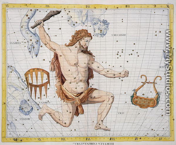 Constellation of Hercules with Corona and Lyra, plate 21 from Atlas Coelestis, by John Flamsteed 1646-1710, published in 1729 - Sir James Thornhill