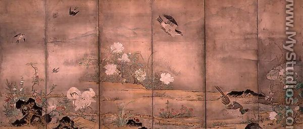 Birds and Flowers in a Landscape, left screen, 1575 - Hagetsu Tosatsu