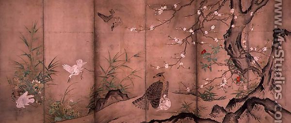 Birds and Flowers in a Landscape, right screen, 1575 - Hagetsu Tosatsu