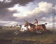 Two Racehorses with Jockeys up, Exercising in a Landscape - Charles Towne