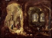 Grotto with Statues and Numerous Figures Worshipping Idols St Simeon Stylites, c.1640  - Rombout Van Troyen