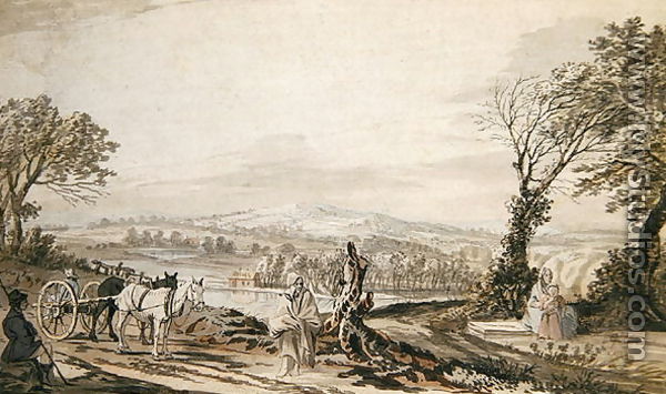 Travellers resting by a road above a river valley - Paul Sandby