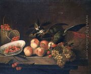 A still life of strawberries, raspberries and peaches with a parrot eating cherries - William Sartorius