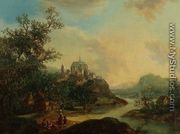 A Rhineland View with Figures in the foreground and a Fortified Town on a Hill Beyond - Christian Georg II Schutz or Schuz