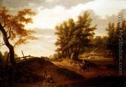 A wooded landscape with a waggon and peasants travelling on a road, a washerwoman at a pond and a farm beyond - Hendrik Willem Schweickardt