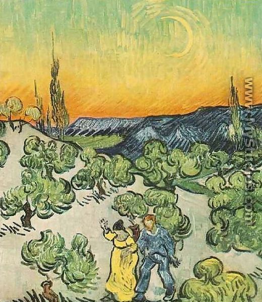 Landscape With Couple Walking And Crescent Moon - Vincent Van Gogh