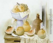 Still Life With Fruits And Bottle - Fernando Botero