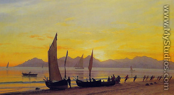 Boats Ashore At Sunset - Albert Bierstadt