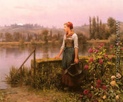 A Woman With A Watering Can By The River - Daniel Ridgway Knight