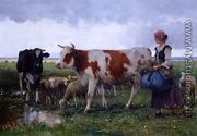 Peasant Woman With Cows & Sheep - Julien Dupre