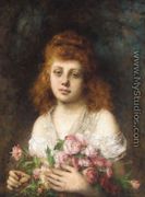 Auburn Haired Beauty With Bouqet Of Roses - Alexei Alexeivich Harlamoff