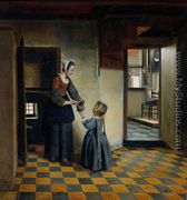 Woman With A Child In A Pantry - Pieter De Hooch
