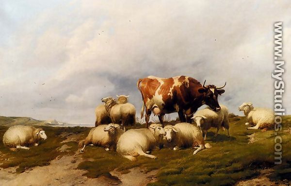 A Cow And Sheep On The Cliffs - Thomas Sidney Cooper