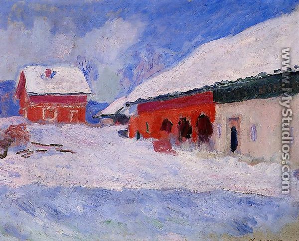 Red Houses At Bjornegaard In The Snow  Norway - Claude Oscar Monet