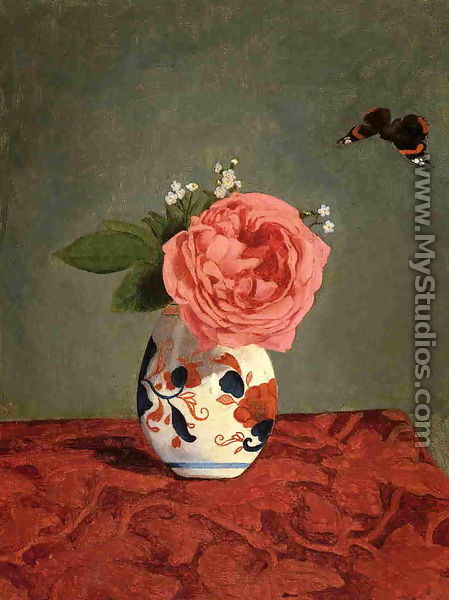 Garden Rose And Blue Forget Me Nots In A Vase - Gustave Caillebotte