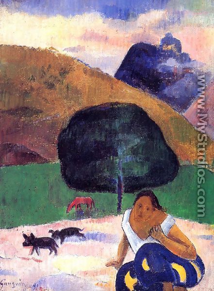 Landscape With Black Pigs And A Crouching Tahitian - Paul Gauguin