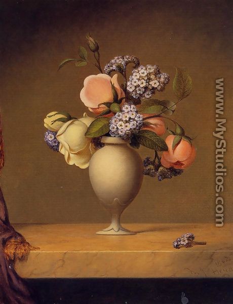 Roses And Heliotrope In A Vase On A Marble Tabletop - Martin Johnson Heade