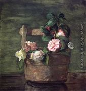 Camellias And Roses In Japanese Vase Of Earthenware With Crackle - John La Farge