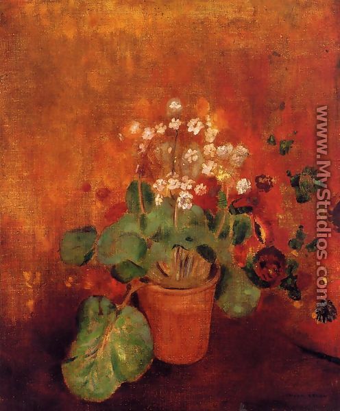 Flowers In A Port On A Red Background - Odilon Redon