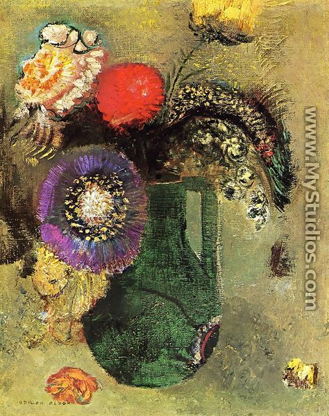 Flowers In Green Vase With Handles - Odilon Redon