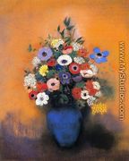 Minosas  Anemonies And Leaves In A Blue Vase - Odilon Redon