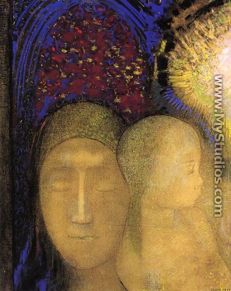 Woman And Child Against A Stained Glass Background - Odilon Redon
