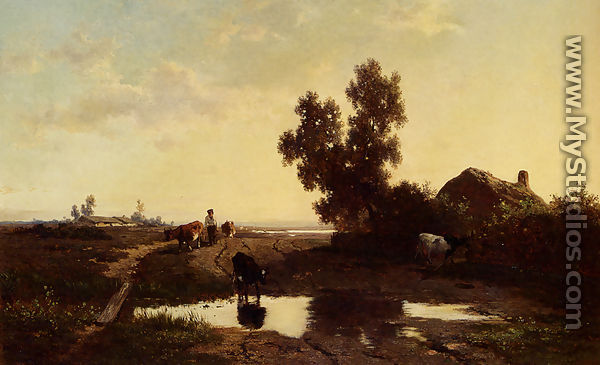 A Cowherd And His Cattle At Sunset - Willem Roelofs
