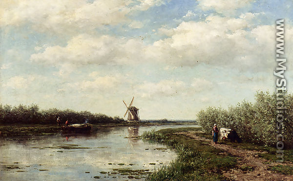 Figures On A Country Road Along A Waterway  A Windmill In The Distance - Willem Roelofs