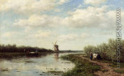Figures On A Country Road Along A Waterway  A Windmill In The Distance - Willem Roelofs