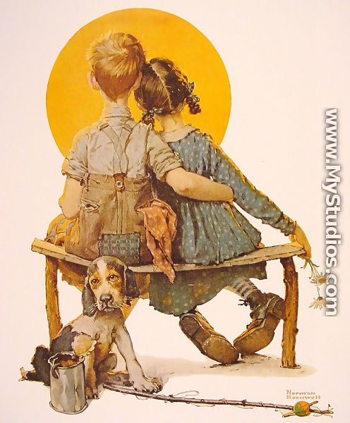 Boy and girl gazing al the moon (puppy love) - Norman Rockwell