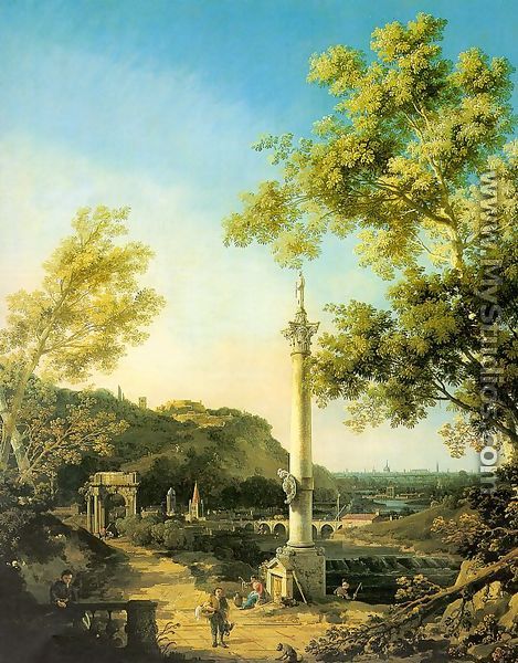 Capriccio- River Landscape with a Column, a Ruined Roman Arch and Reminiscences of England 1754 - (Giovanni Antonio Canal) Canaletto