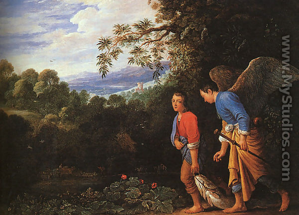 Tobias and the Archangel Raphael Returning with the Fish 1600s - Follwer of Elsheimer  Adam