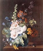 Hollyhocks and Other Flowers in a Vase c. 1710 - Jan Van Huysum