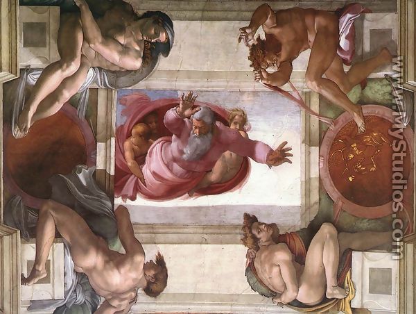 Separation of the Earth from the Waters (with ignudi and med Caallions) 1511 - Michelangelo Buonarroti