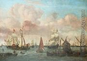 Dutch shipping off a coastal town - Johannes de Blaauw