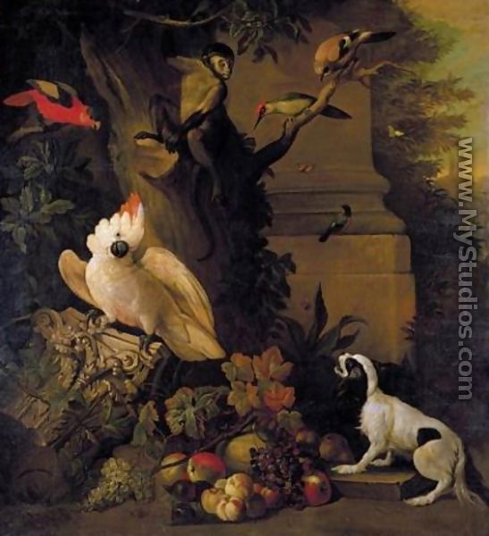 Still life with parrots, a jay, a woodpecker and a finch, together with a spaniel and various fruits in a parkland setting - Jakab Bogdany